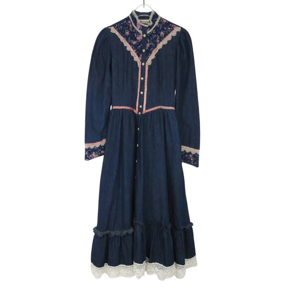 1970s Gunne Sax Vintage Blue Denim Calico Floral Trim Maxi Dress Prairie Dress 3 - Picture 12 of 12